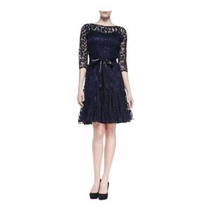 Rickie‎ Freeman for Teri Jon 3/4-sleeve lace overlay cocktail dress in navy blue